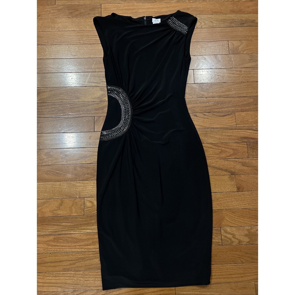 Cache Y2K Black Bodycon Dress Womens S Gunmetal Chain Embellished Sleeveless